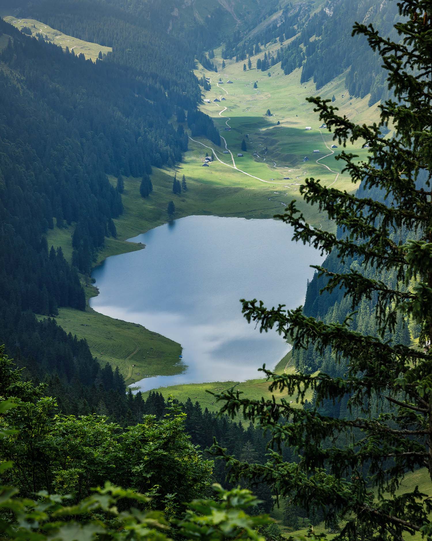 picture from above of the swiss lake sämtisersee in alpstein
